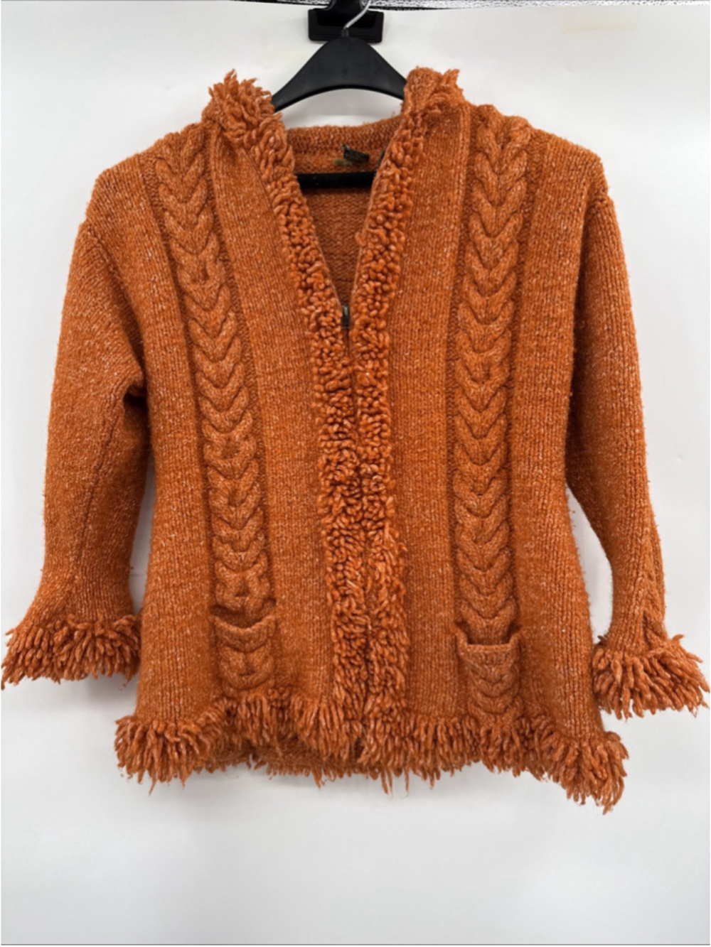 TEJIDOS IMALAYA Ecuador Hand-Knit Wool Blend Full Fringed Cardigan Sweater